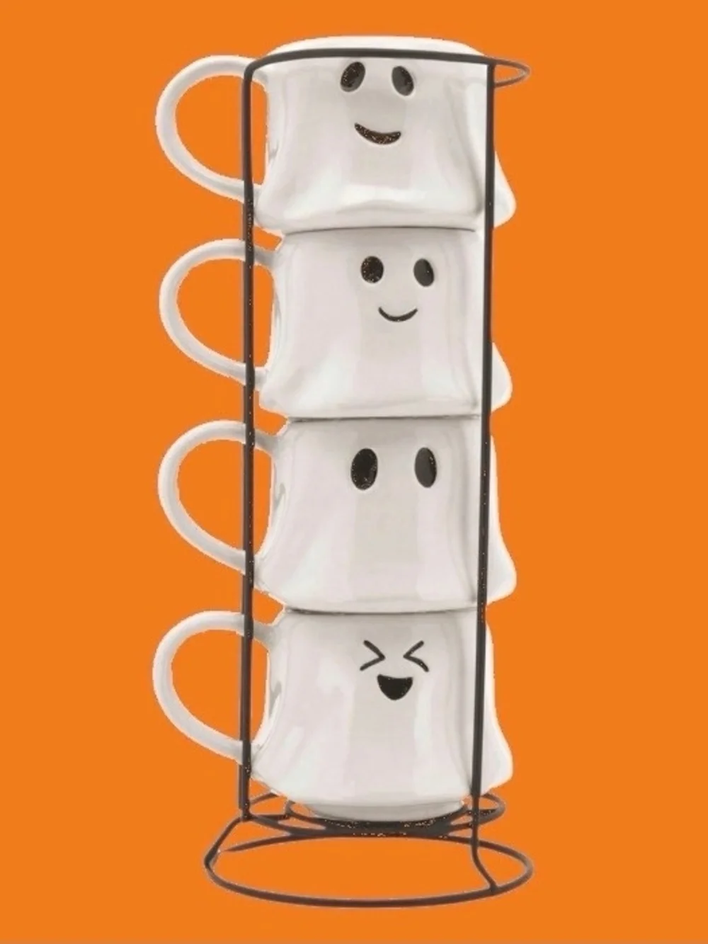 Stackable White Ghost Mugs Set with Metal Stand - Home Kitchen Halloween - NIB